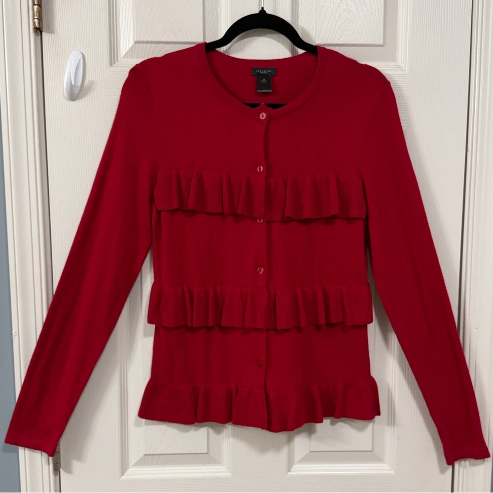 Ann Taylor Red Ruffled Button Down Sweater Holiday Cocktail Party Office - Picture 15 of 15